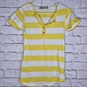 Vintage Y2K Tyte Knits Striped Henley Top Yellow White Ribbed Short Sleeve Large